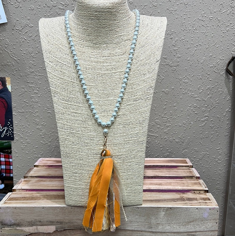 596- Orange & Neutral Tassel Pearl Necklace