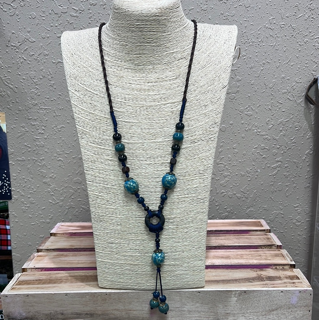 768- Blue Stone Necklace w/ Dangle Detail