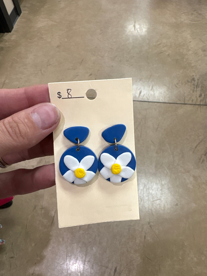 Blue Floral Clay Earrings w/ Flower Detail