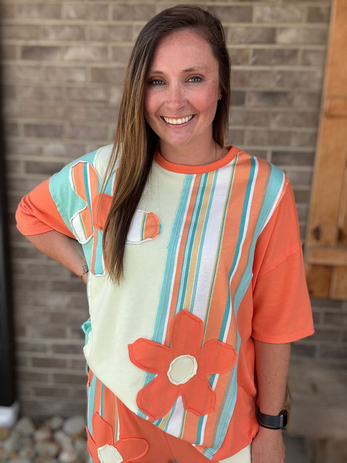 Orange and Mint Striped Washed Flower Patch Short Sleeve Top by J. Her