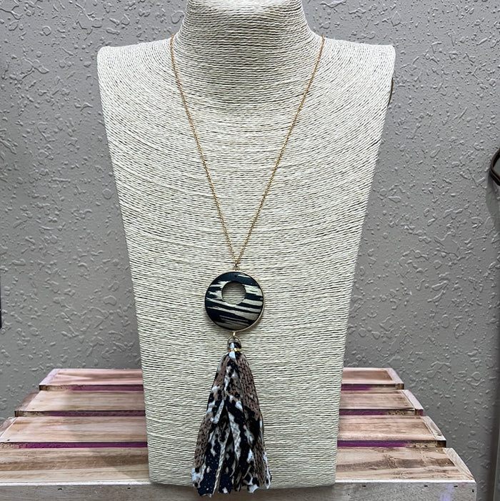 693- Brown & Black Leoaprd Tassel W/ Gold Chain