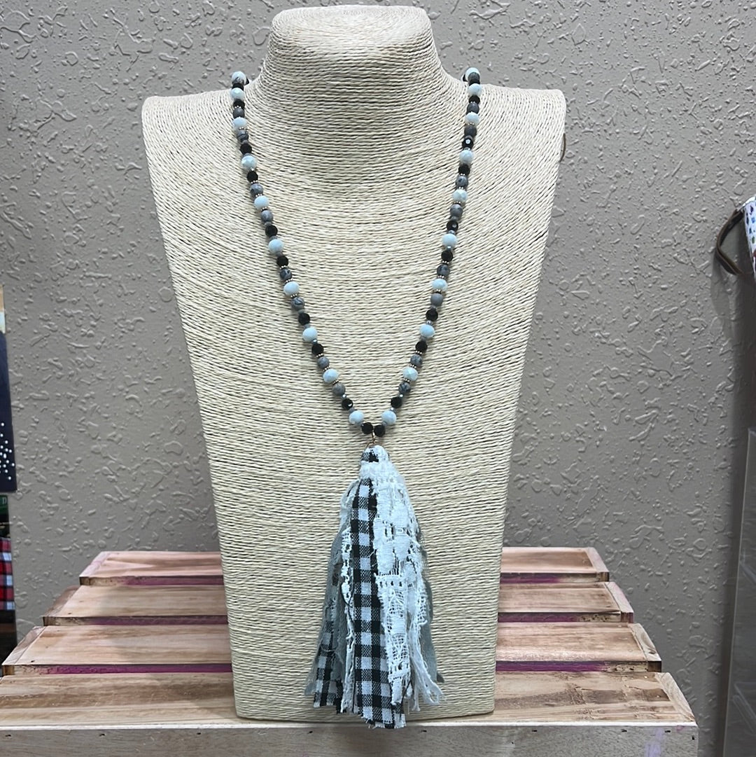 637- Black, White, & Gray Plaid Tassel Necklace