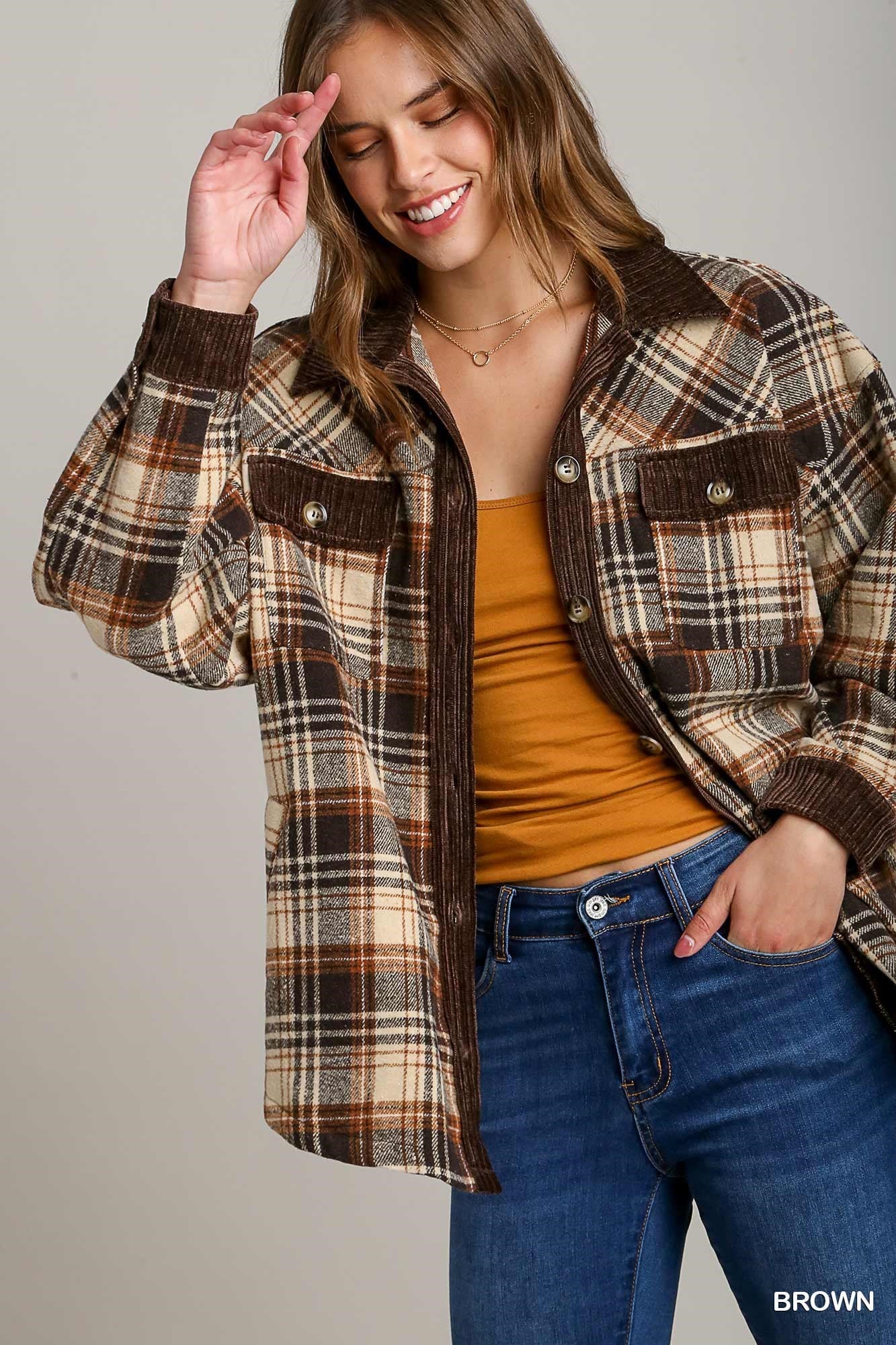 10186- Brown Plaid w/ Corduroy Hem Button Down Shacket [UMGEE]