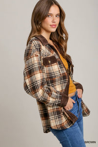 10186- Brown Plaid w/ Corduroy Hem Button Down Shacket [UMGEE]