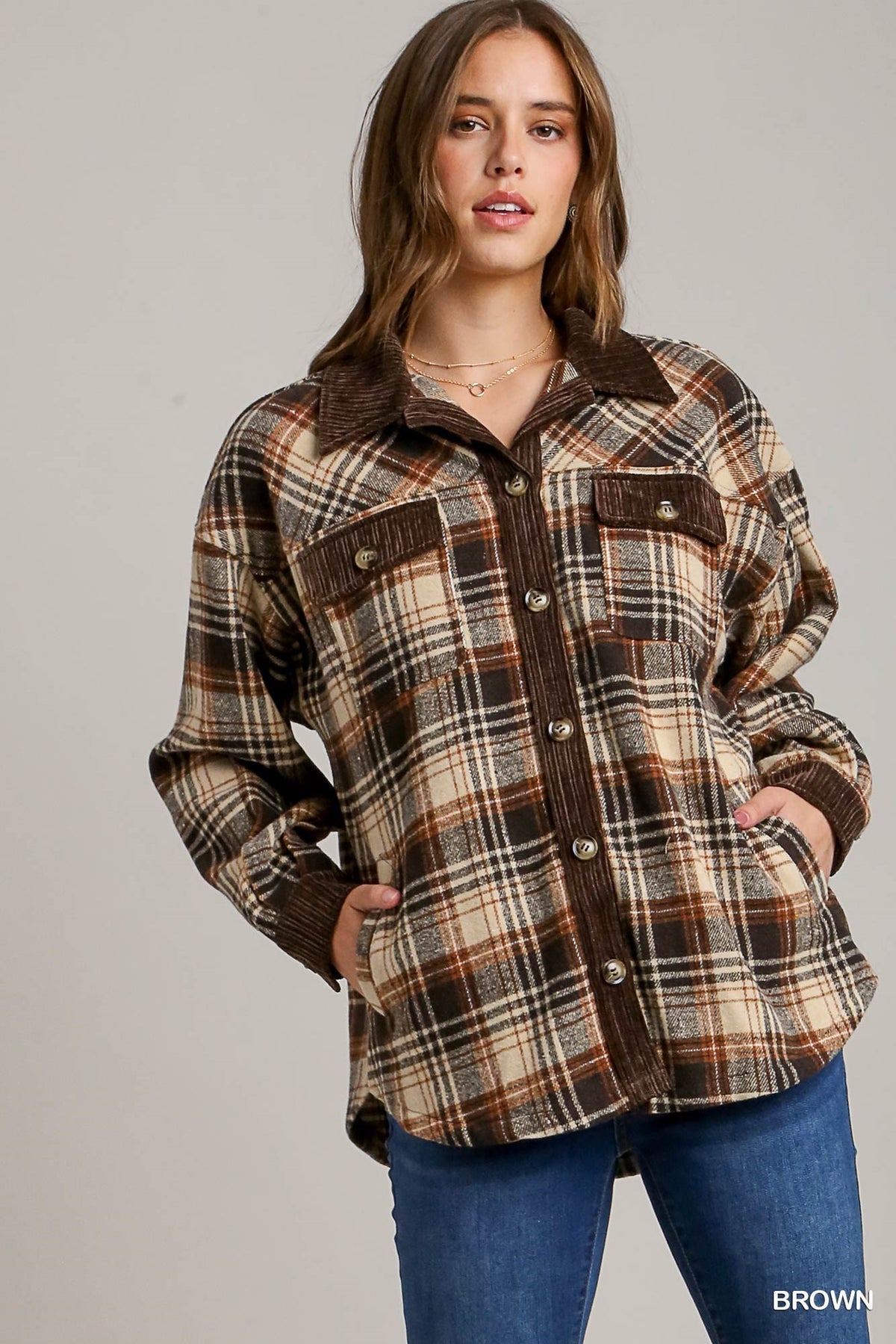 10186- Brown Plaid w/ Corduroy Hem Button Down Shacket [UMGEE]