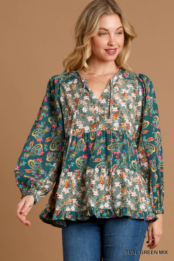 10127- Teal Green mix Ditsy Floral Print Babydoll Top [UMGEE]