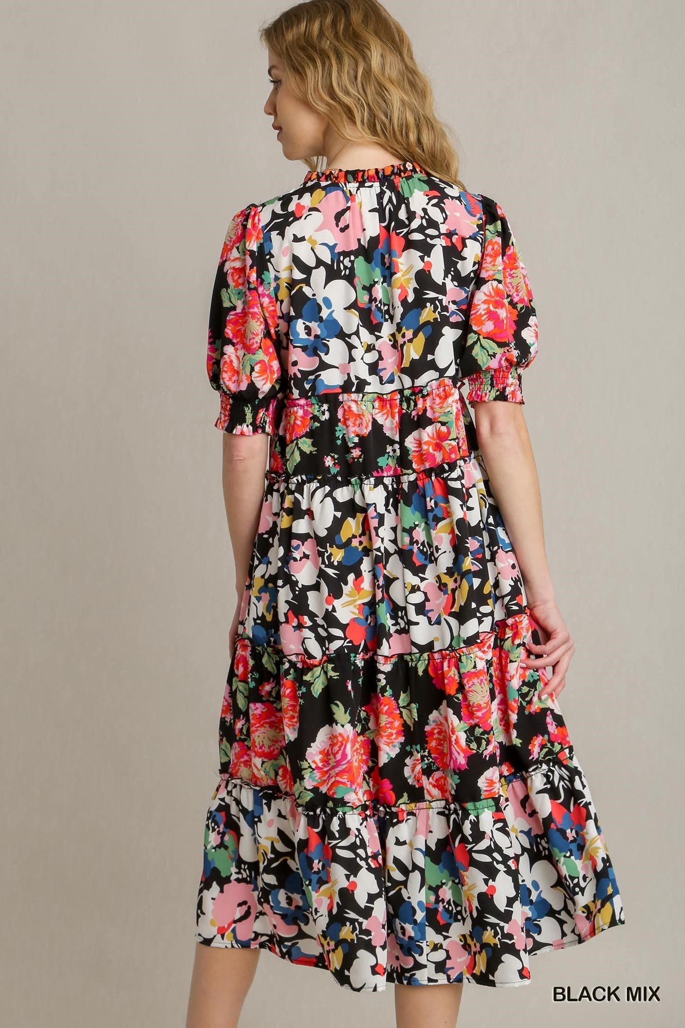 2010- Black Mix Floral Print A-Line Dress w/ Ruffle Neckline