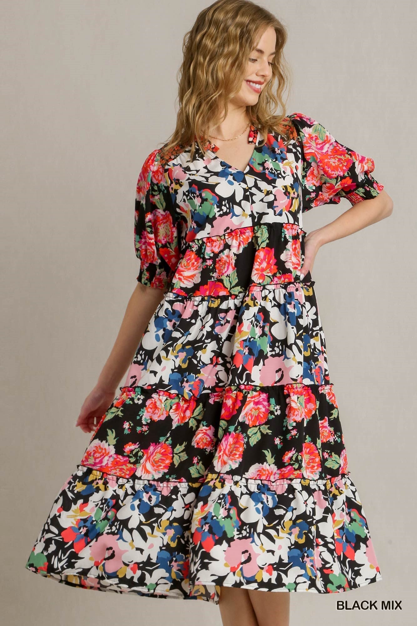 2010- Black Mix Floral Print A-Line Dress w/ Ruffle Neckline