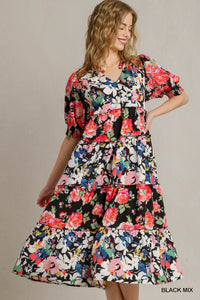 2010- Black Mix Floral Print A-Line Dress w/ Ruffle Neckline