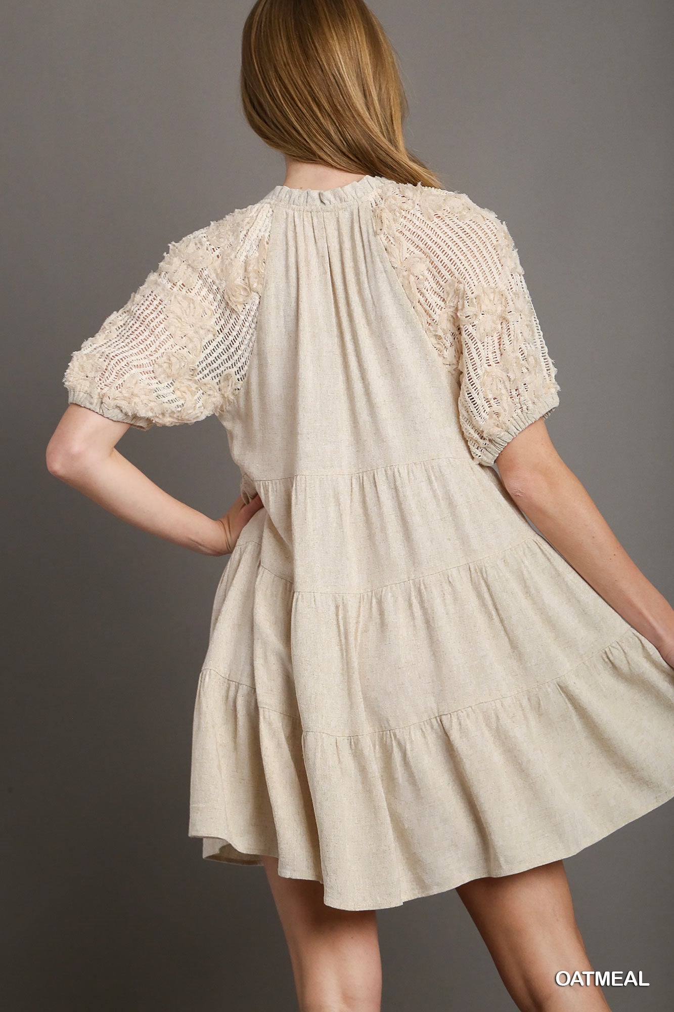 2011- Oatmeal Linen Dress w/ Crochet Sleeves *UMGEE*