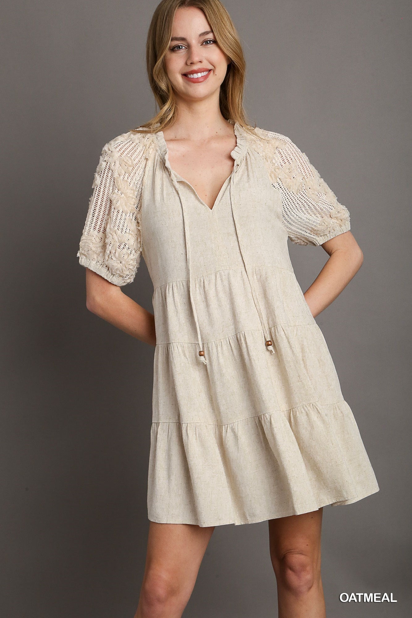 2011- Oatmeal Linen Dress w/ Crochet Sleeves *UMGEE*