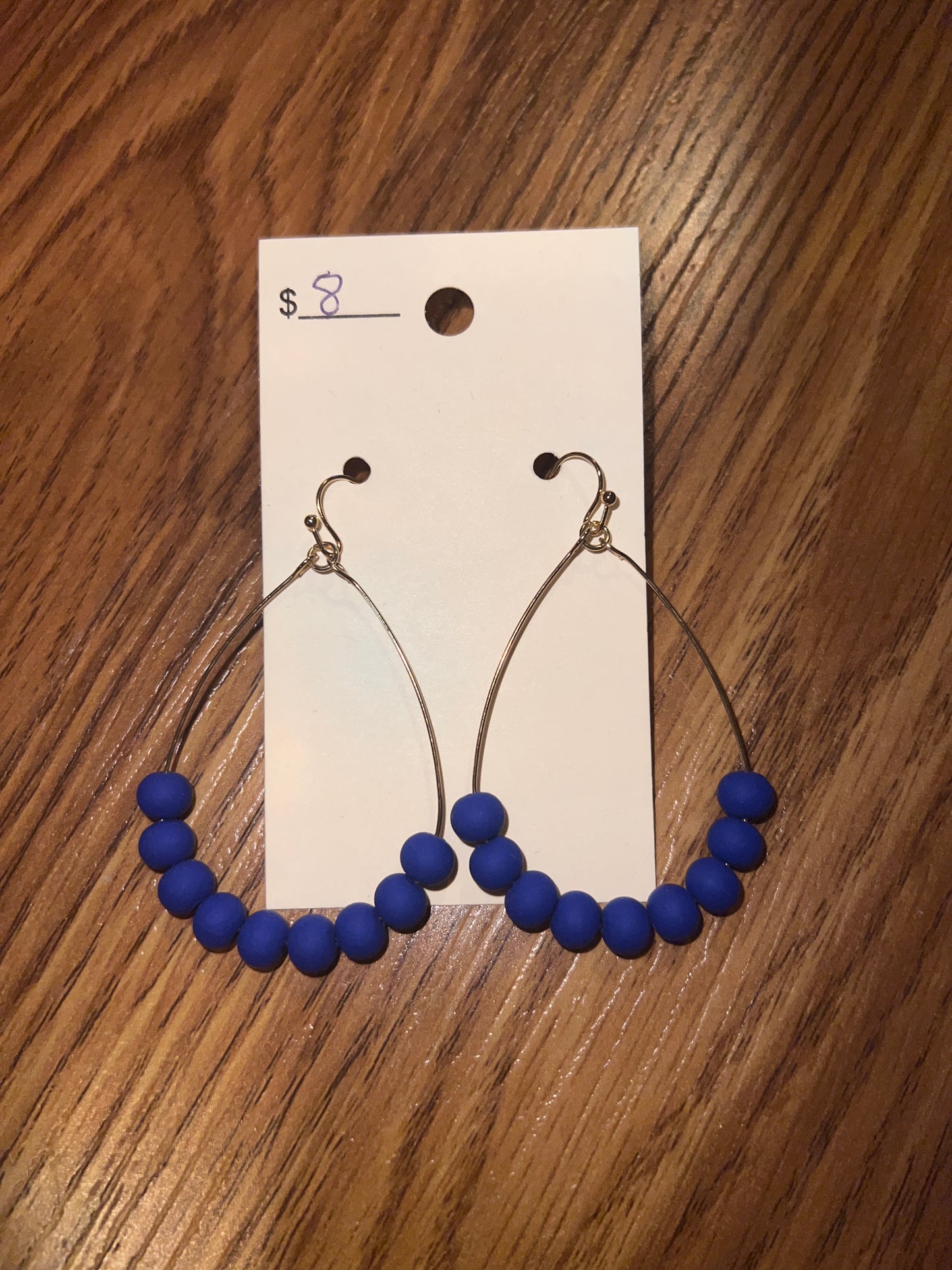 3153- Gold Teardrop w/ Blue Bead Earrings