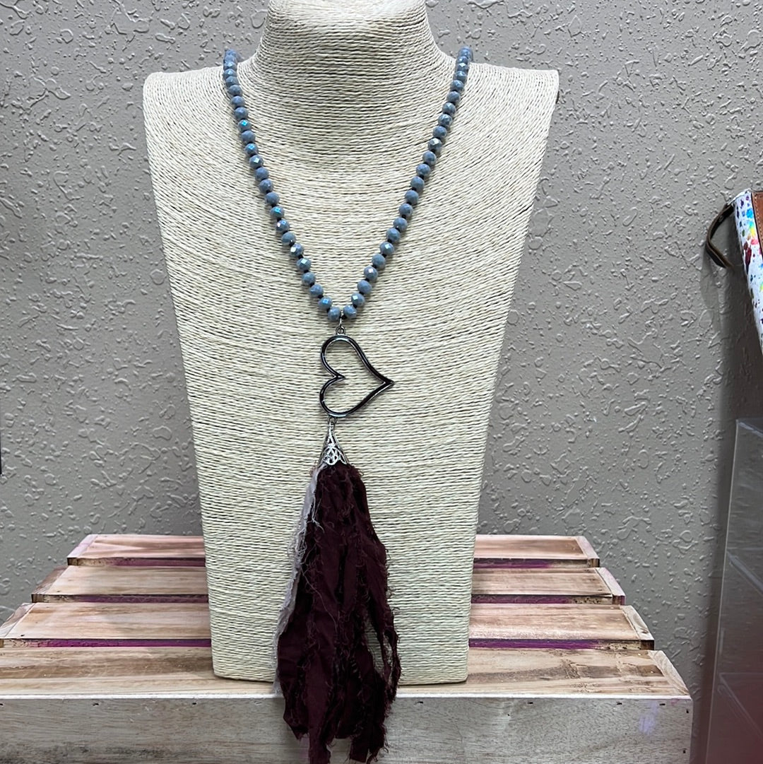 603- Maroon & Mauve Tassel Necklace w/ Heart