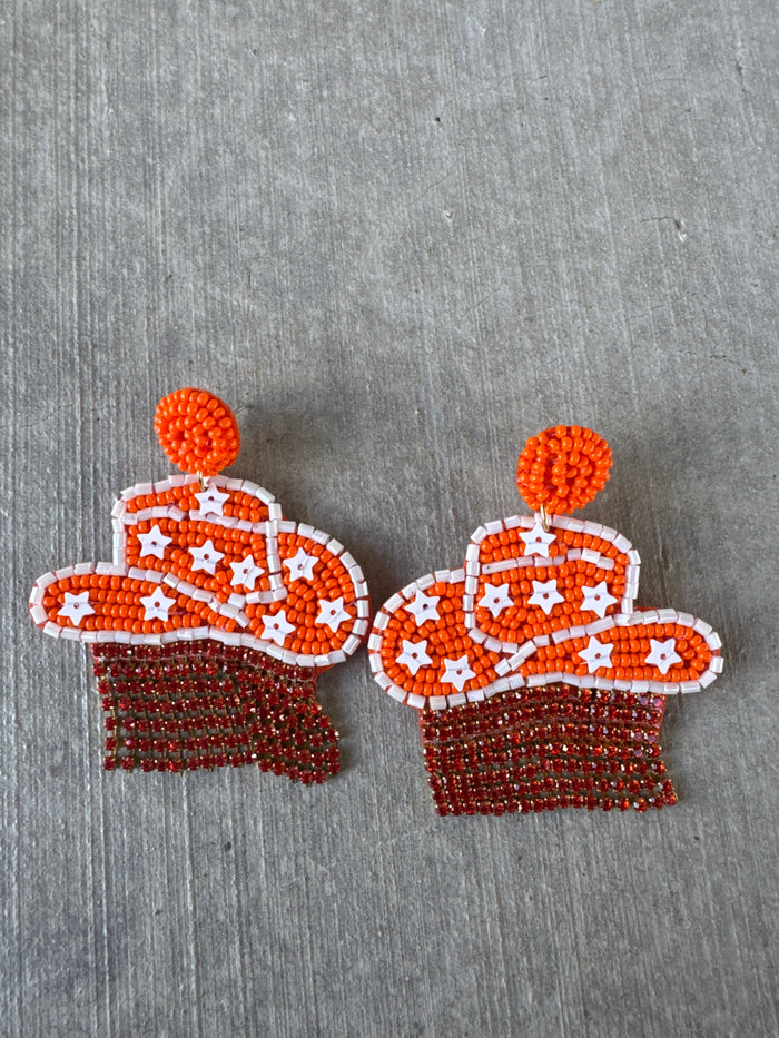 Cowboy Bling Beaded Orange White Earrings