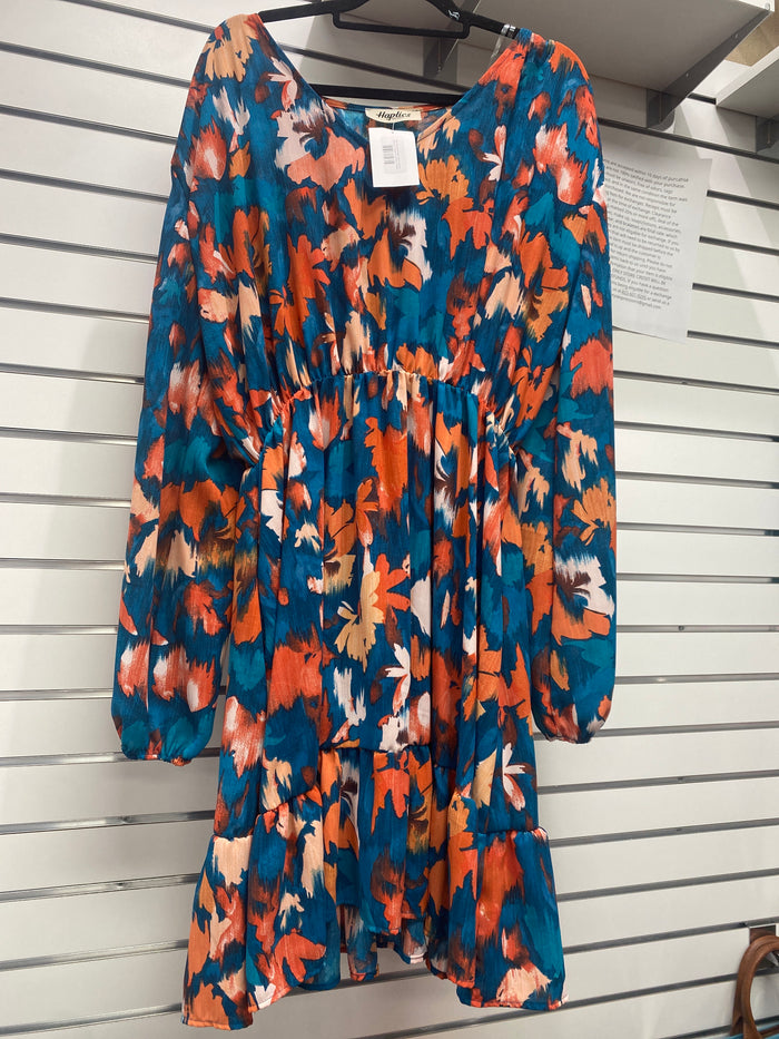 3326- Teal & Burnt Orange Abstract Long Sleeve Dress w/ Pockets
