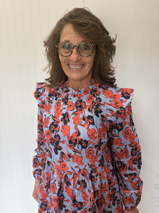 Dusty Blue & Orange Floral Print Long Sleeve Dress by Oddi