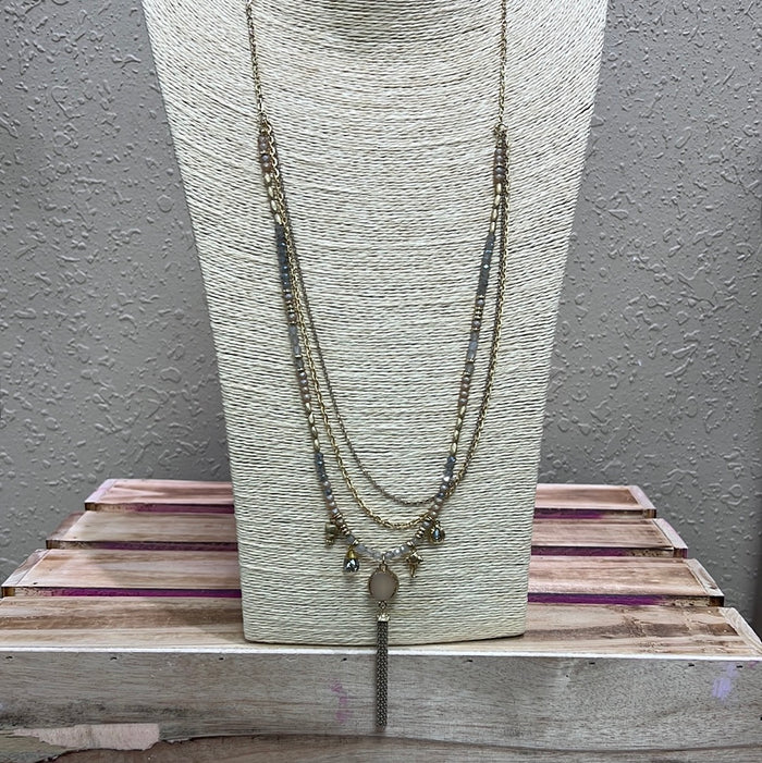 713- Gold Beaded Layer Necklace w/ Pendants & Tassel