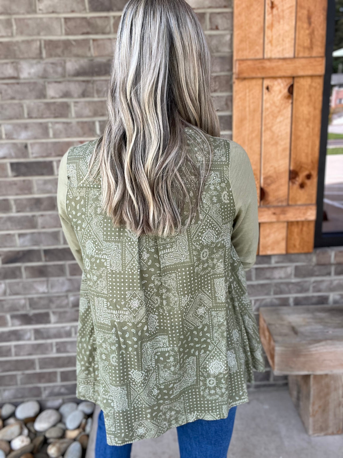 2564- Sage Solid Front & Bandana Print Back Shark Bite Long Sleeve Top