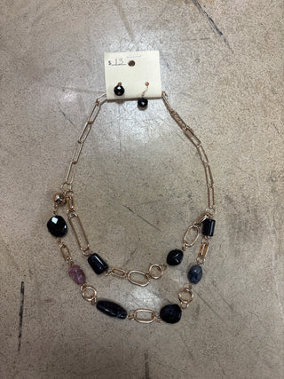 Gold Link w/ Black & Plum Pendant Double Layer Necklace