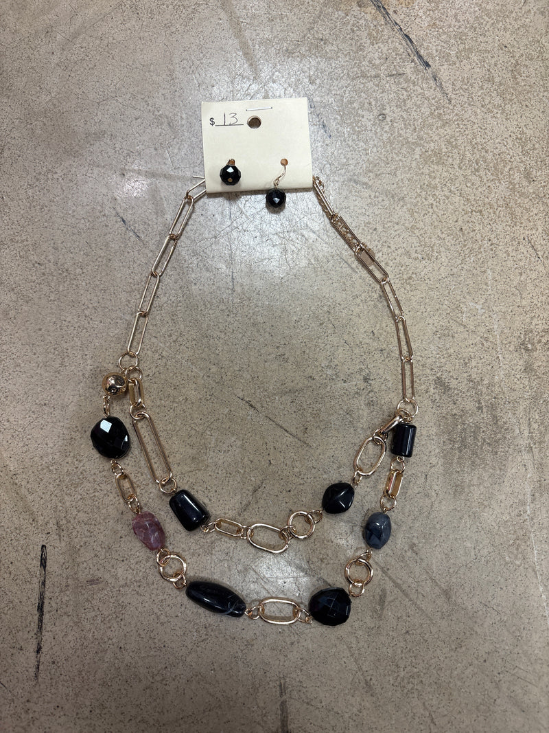 Gold Link w/ Black & Plum Pendant Double Layer Necklace