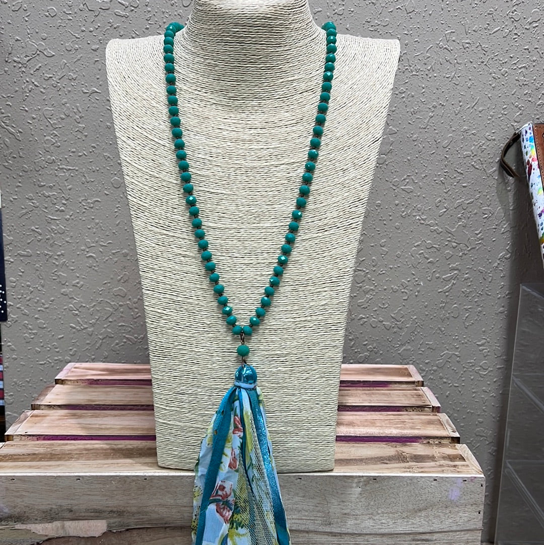 599- Blue Floral w/ Pink Tassel Necklace