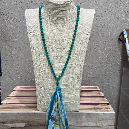 599- Blue Floral w/ Pink Tassel Necklace