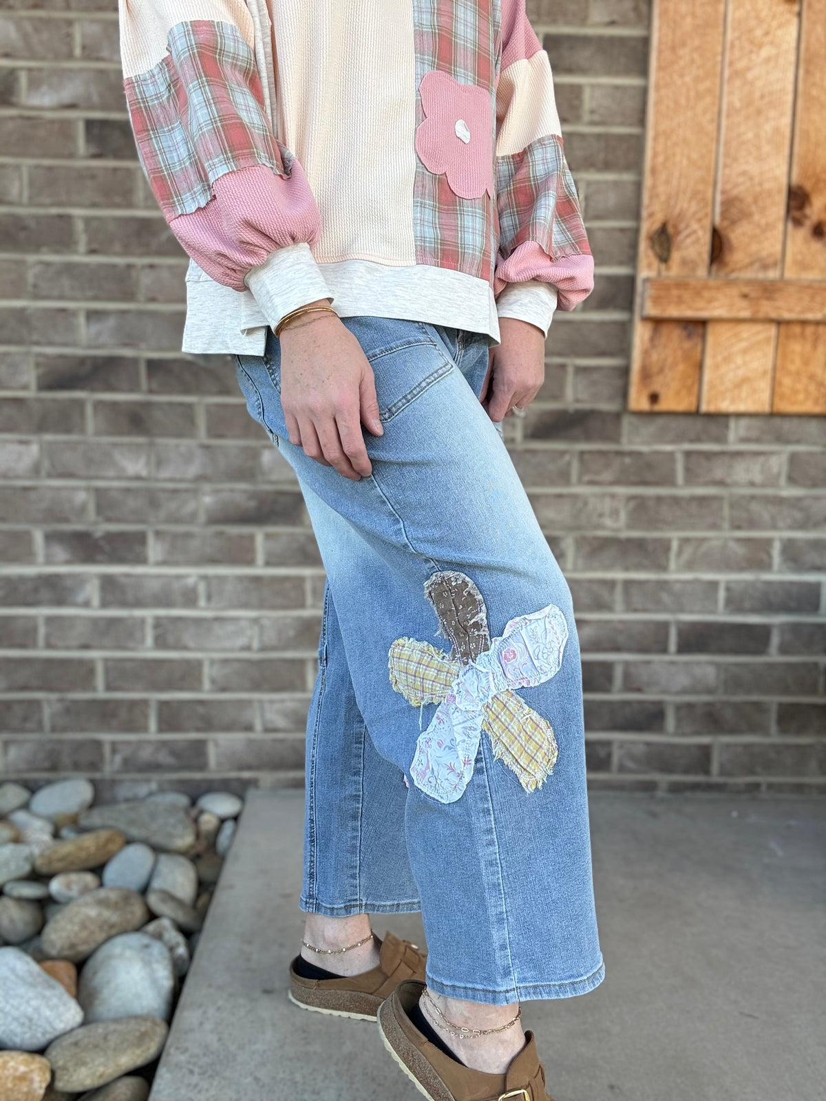 Denim Flower Patch Washed Barrel Pants by Easel