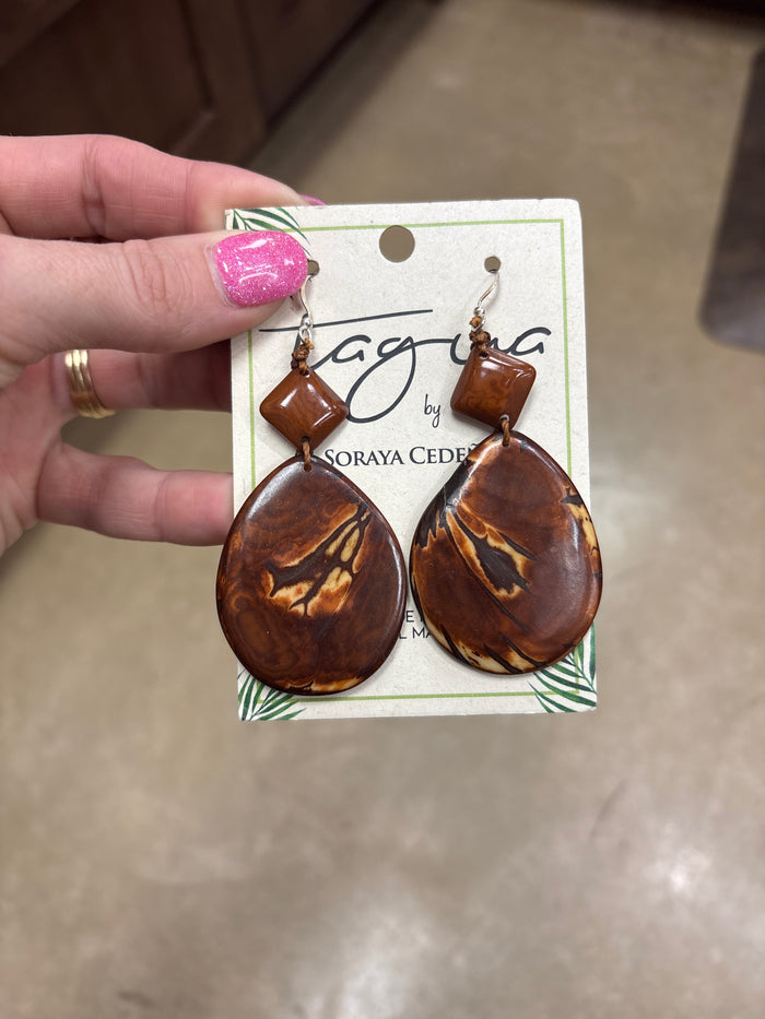 8411- Brown Teardrop w/ Diamond Shape Detail Tauga Nut Earrings