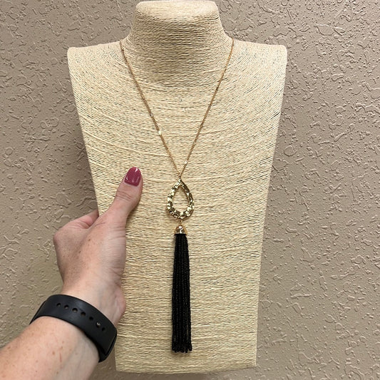 1026- Black Tassel Necklace w/ Gold Chain