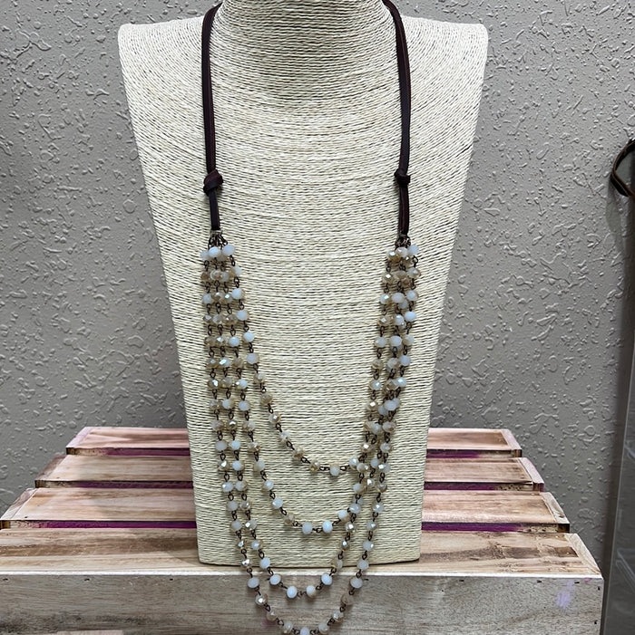 711- Neutral Layer Beaded Necklace w/ Faux Leather