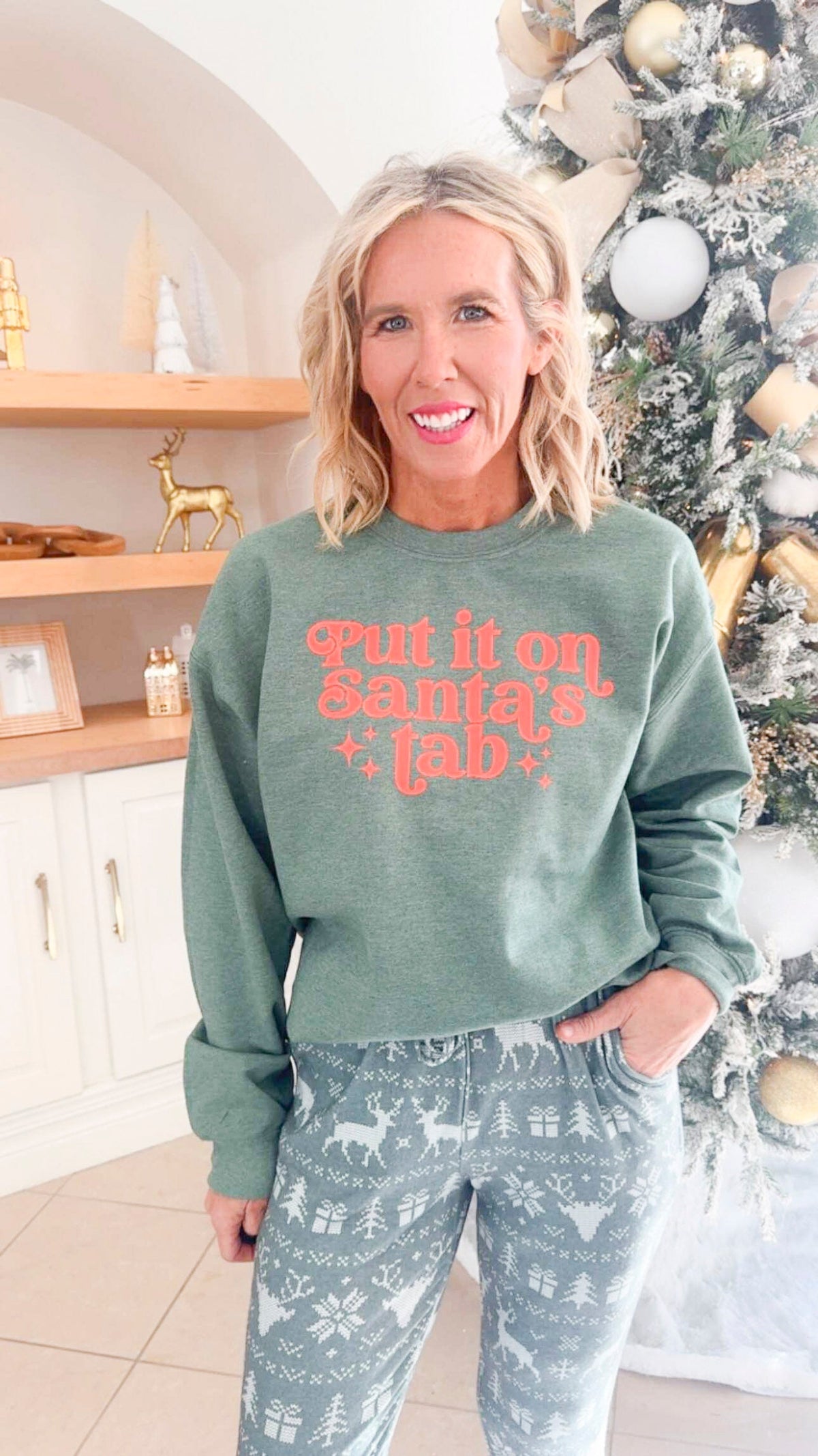 Heather Green Put it On Santa's Tab Crewneck Graphic Sweatshirt - DEAL