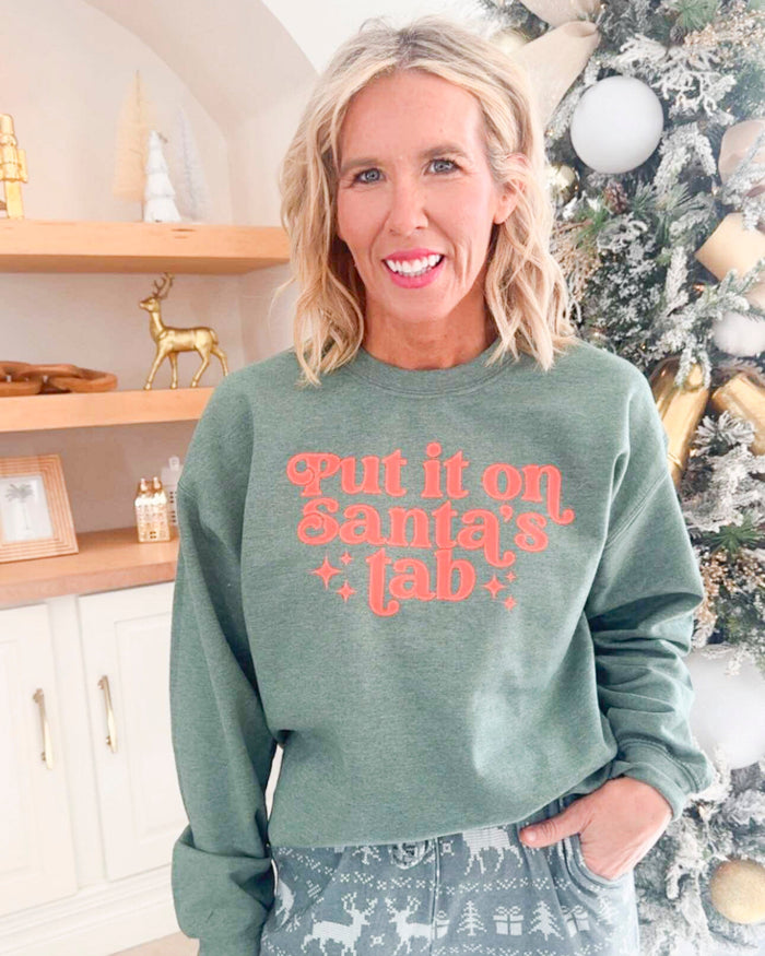 Heather Green Put it On Santa's Tab Crewneck Graphic Sweatshirt - DEAL