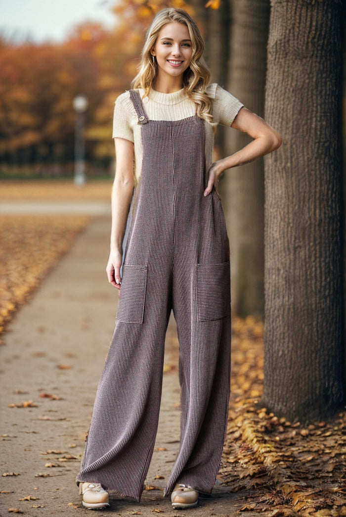 Brown Sleeveless Solid Urban Ribbed Jumpsuit