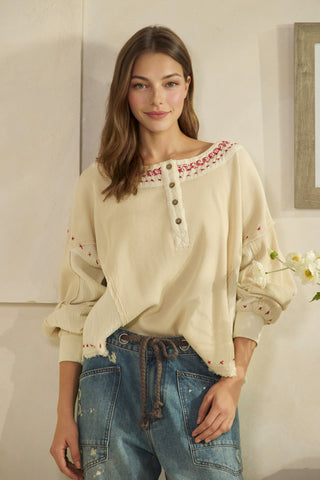 Washed X Stitch Detail Fabric Mix Long Sleeve Top | OLI & HALI ATLANTA