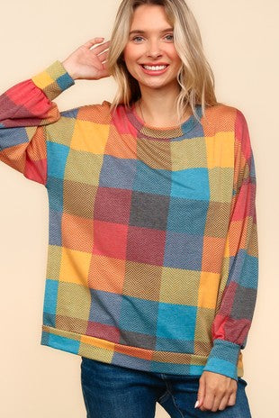 3718- Multi Color Plaid Balloon Sleeve Long Sleeve Top