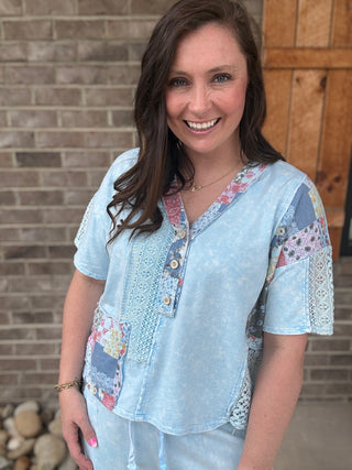 Baby Blue Mineral Washed Lace Spring Bandana Henley Blouse by J. Her