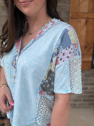 Baby Blue Mineral Washed Lace Spring Bandana Henley Blouse by J. Her