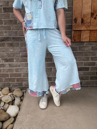 Baby Blue Mineral Washed Spring Bandana Print Cropped Pants by J. Her