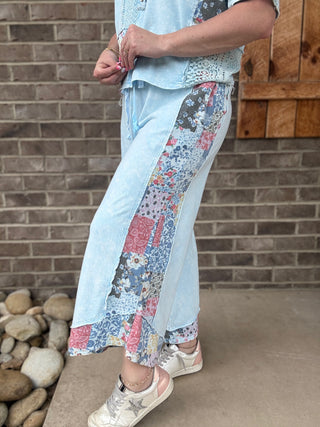 Baby Blue Mineral Washed Spring Bandana Print Cropped Pants by J. Her