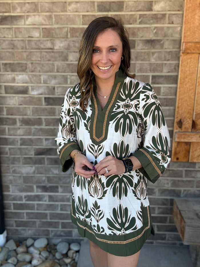 Baroque Floral Tunic Top with Gold Trim by Umgee