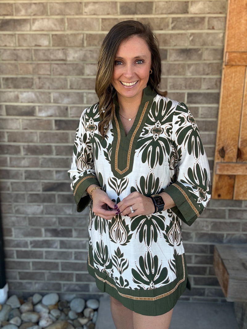 Baroque Floral Tunic Top with Gold Trim by Umgee