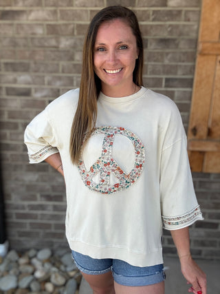 Beige Floral Peace Sign Pullover by Easel