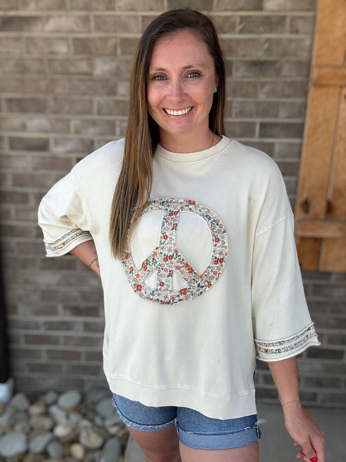 Beige Floral Peace Sign Pullover by Easel
