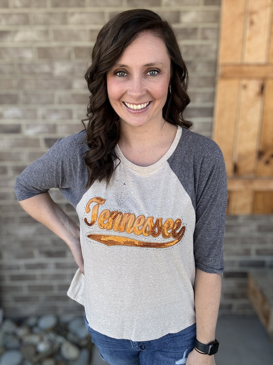 8362- Beige w/ Heather Gray Sleeves Raglan Tee w/ Orange Sequence Tennessee *BRUMLEYS EXCLUSIVE!* *TN COLLECTION*