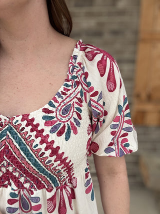 Berry Boarder Print Smocked Chest Midi Dress by Umgee