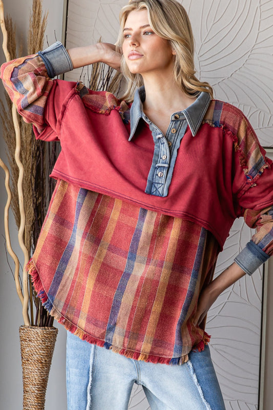 3711- Berry Mixed Fabric Top w/ Plaid Detail