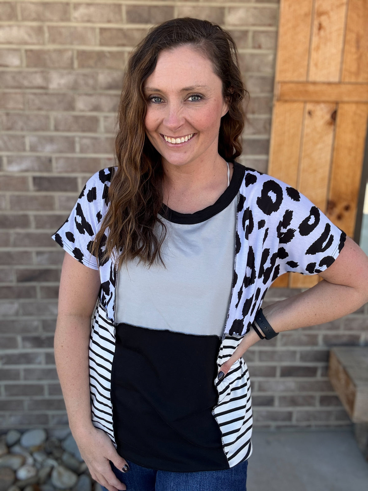 Black Combo Leopard and Stripe Color Block Top w/ Contrast Stitching