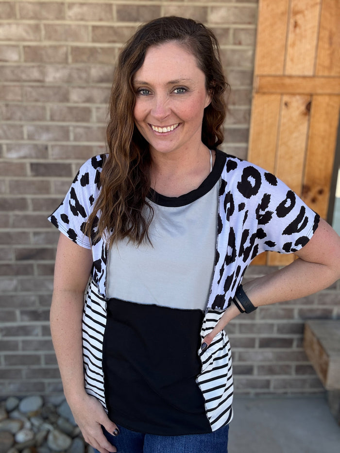 Black Combo Leopard and Stripe Color Block Top w/ Contrast Stitching