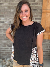 Black Drop Shoulder High Low Sleeve Tunic w/ Leopard Detail  by Oli & Hali
