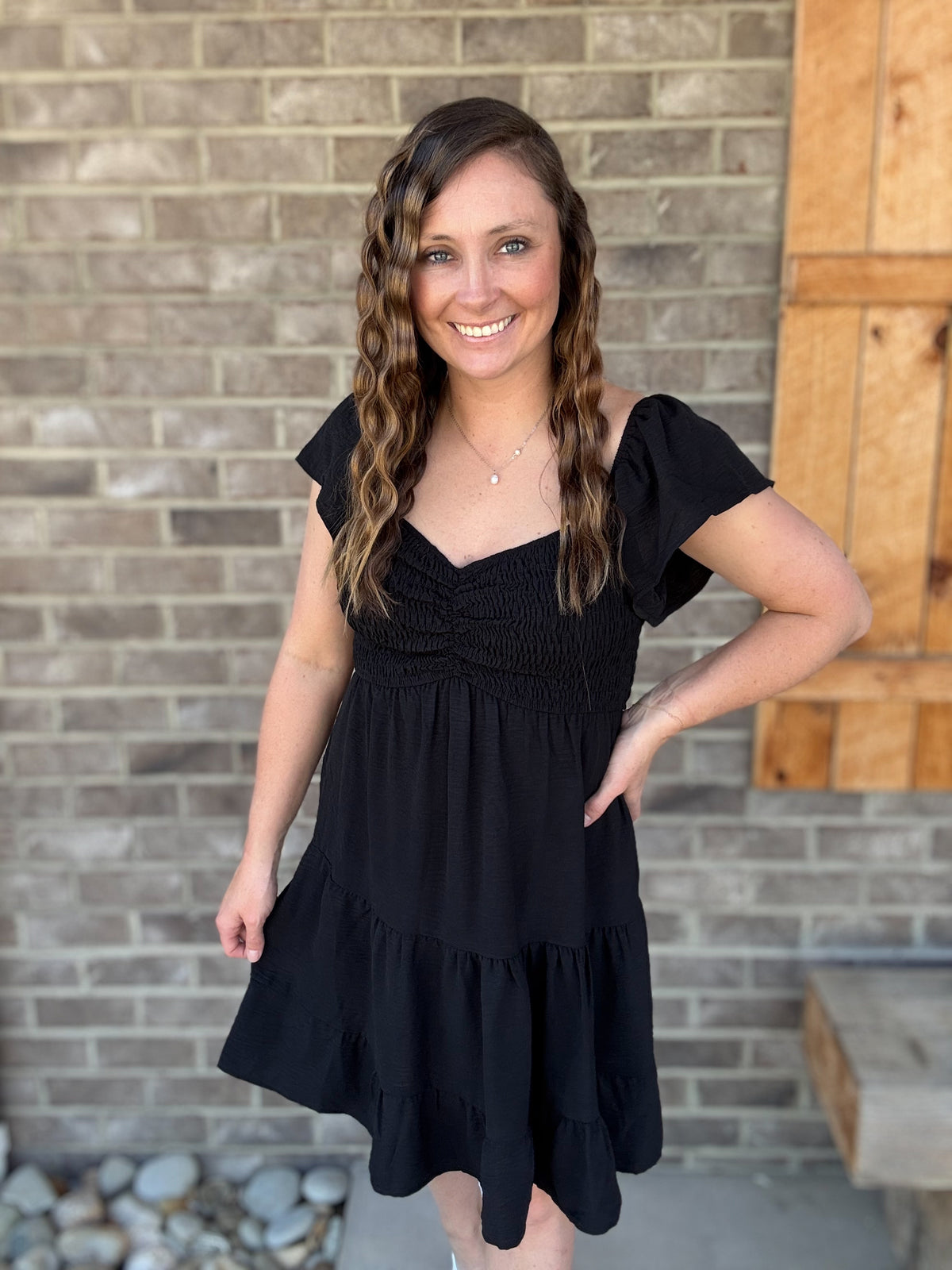 Black Flutter Sleeve Smocked Tiered Sweetheart Woven Dress w/ Side Pockets